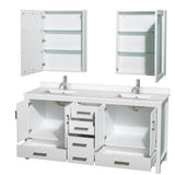 Sheffield 72 Inch Double Bathroom Vanity in Gray, White Quartz Countertop, Undermount Square Sinks, Medicine Cabinets