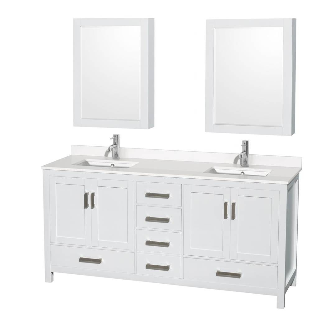 Wyndham Collection - Sheffield 72 Inch Double Bathroom Vanity in White, White Quartz Countertop, Undermount Square Sinks, Medicine Cabinets - White