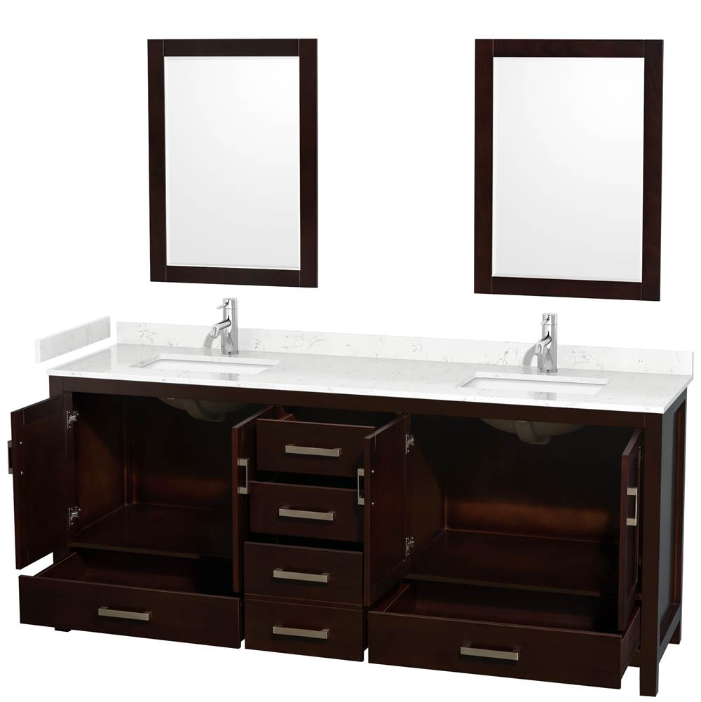 Sheffield 80 Inch Double Bathroom Vanity in Espresso, Carrara Cultured Marble Countertop, Undermount Square Sinks, 24 Inch Mirrors