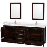 Sheffield 80 Inch Double Bathroom Vanity in Espresso, Carrara Cultured Marble Countertop, Undermount Square Sinks, 24 Inch Mirrors