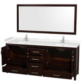 Sheffield 80 Inch Double Bathroom Vanity in Espresso, Carrara Cultured Marble Countertop, Undermount Square Sinks, 70 Inch Mirror