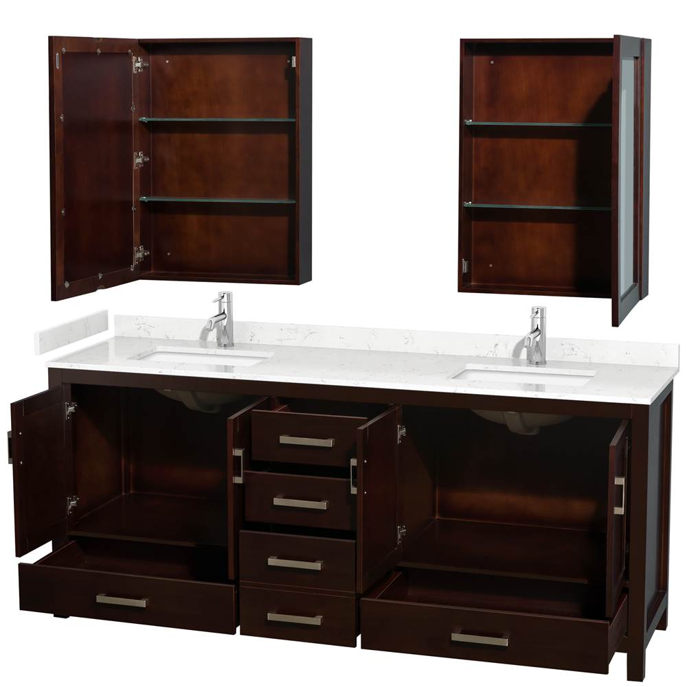 Sheffield 80 Inch Double Bathroom Vanity in Espresso, Carrara Cultured Marble Countertop, Undermount Square Sinks, Medicine Cabinets