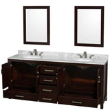 Sheffield 80 Inch Double Bathroom Vanity in Espresso, White Carrara Marble Countertop, Undermount Oval Sinks, and 24 Inch Mirrors
