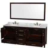 Sheffield 80 Inch Double Bathroom Vanity in Espresso, White Carrara Marble Countertop, Undermount Oval Sinks, and 70 Inch Mirror