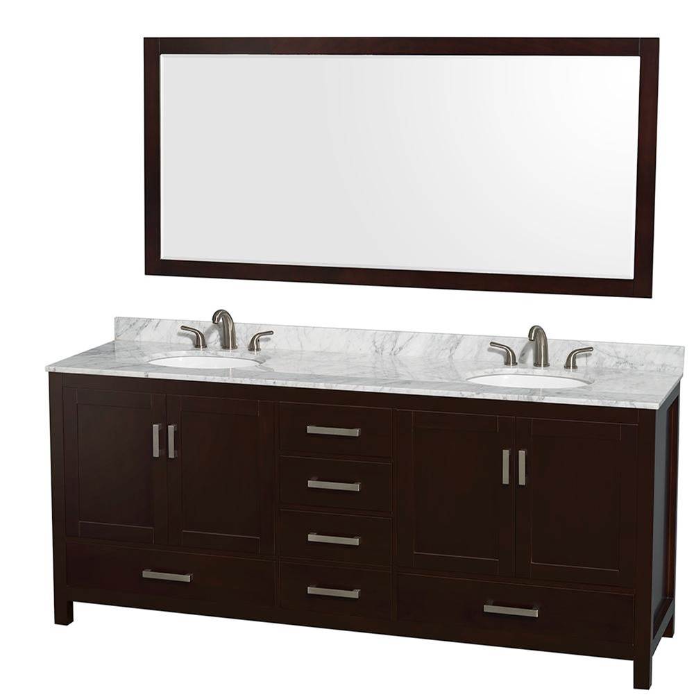 Wyndham Collection - Sheffield 80 Inch Double Bathroom Vanity in Espresso, White Carrara Marble Countertop, Undermount Oval Sinks, and 70 Inch Mirror - Espresso