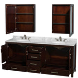 Sheffield 80 Inch Double Bathroom Vanity in Espresso, White Carrara Marble Countertop, Undermount Oval Sinks, and Medicine Cabinets