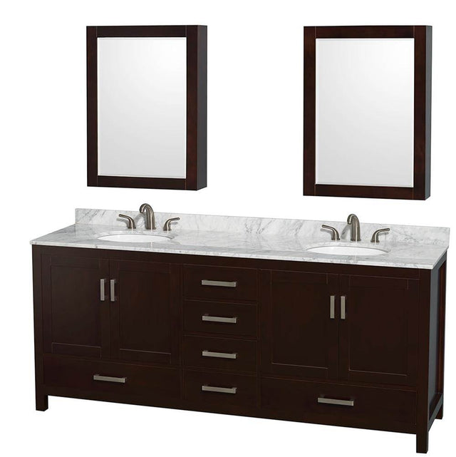 Wyndham Collection - Sheffield 80 Inch Double Bathroom Vanity in Espresso, White Carrara Marble Countertop, Undermount Oval Sinks, and Medicine Cabinets - Espresso