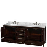 Sheffield 80 Inch Double Bathroom Vanity in Espresso, White Carrara Marble Countertop, Undermount Oval Sinks, and No Mirror