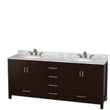 Sheffield 80 Inch Double Bathroom Vanity in Espresso, White Carrara Marble Countertop, Undermount Oval Sinks, and Medicine Cabinets