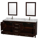 Sheffield 80 Inch Double Bathroom Vanity in Espresso, White Carrara Marble Countertop, Undermount Square Sinks, and 24 Inch Mirrors