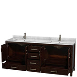 Sheffield 80 Inch Double Bathroom Vanity in Espresso, White Carrara Marble Countertop, Undermount Square Sinks, and No Mirror