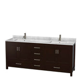 Sheffield 80 Inch Double Bathroom Vanity in Espresso, White Carrara Marble Countertop, Undermount Square Sinks, and Medicine Cabinets