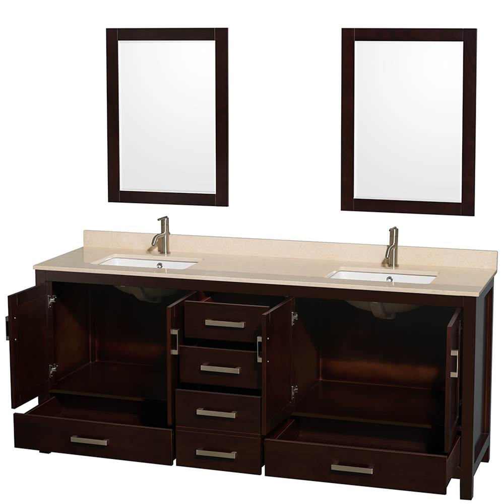 Sheffield 80 Inch Double Bathroom Vanity in Espresso, Ivory Marble Countertop, Undermount Square Sinks, and 24 Inch Mirrors