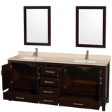 Sheffield 80 Inch Double Bathroom Vanity in Espresso, Ivory Marble Countertop, Undermount Square Sinks, and 24 Inch Mirrors
