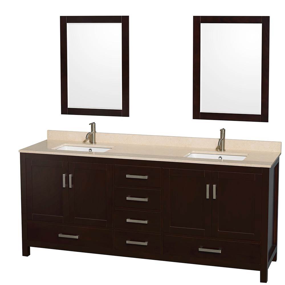 Wyndham Collection - Sheffield 80 Inch Double Bathroom Vanity in Espresso, Ivory Marble Countertop, Undermount Square Sinks, and 24 Inch Mirrors - Espresso