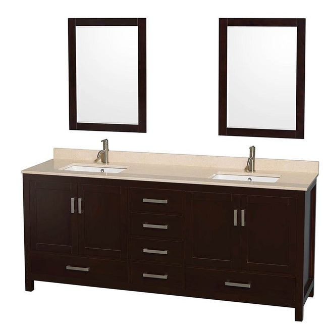 Wyndham Collection - Sheffield 80 Inch Double Bathroom Vanity in Espresso, Ivory Marble Countertop, Undermount Square Sinks, and 24 Inch Mirrors - Espresso