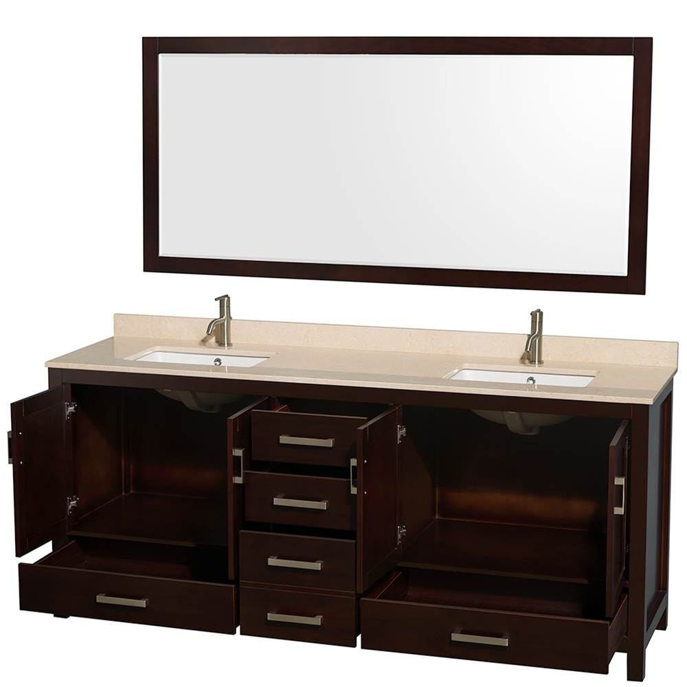 Sheffield 80 Inch Double Bathroom Vanity in Espresso, Ivory Marble Countertop, Undermount Square Sinks, and 70 Inch Mirror