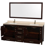 Sheffield 80 Inch Double Bathroom Vanity in Espresso, Ivory Marble Countertop, Undermount Square Sinks, and 70 Inch Mirror