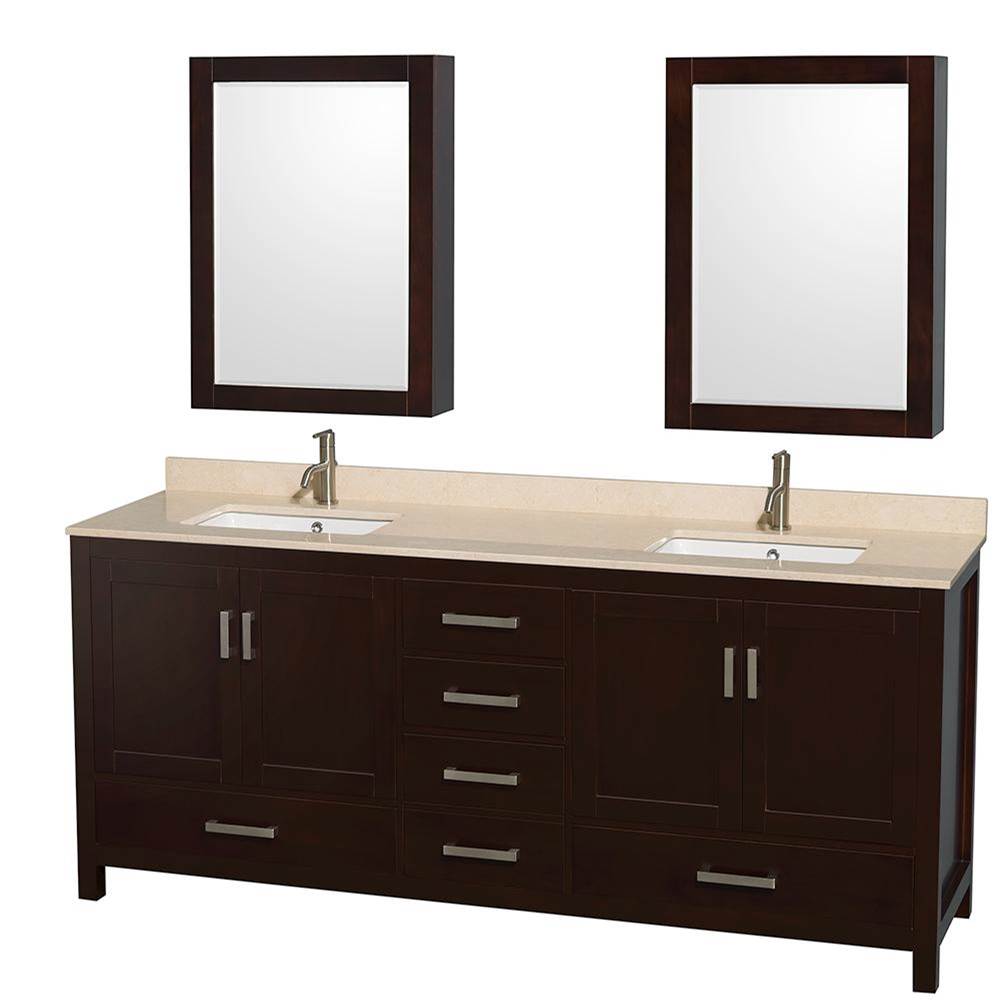 Wyndham Collection - Sheffield 80 Inch Double Bathroom Vanity in Espresso, Ivory Marble Countertop, Undermount Square Sinks, and Medicine Cabinets - Espresso