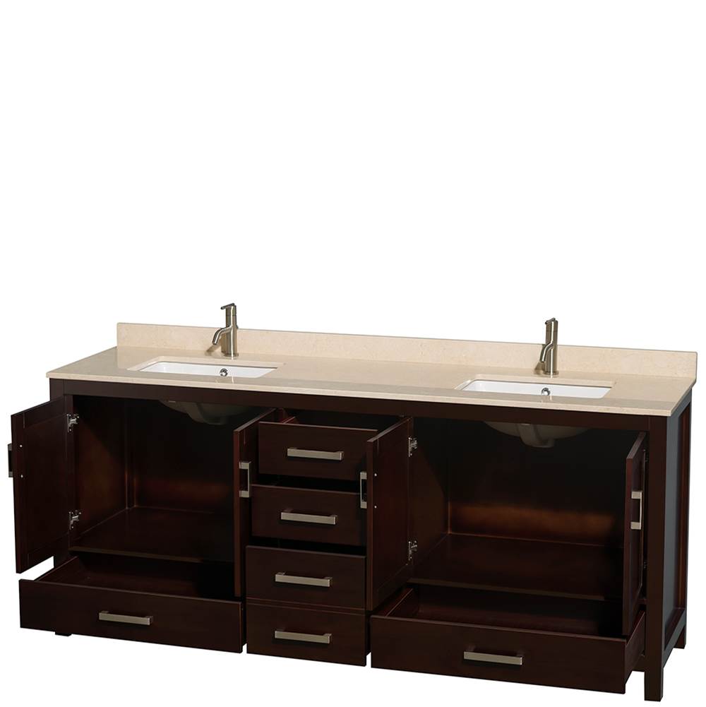 Sheffield 80 Inch Double Bathroom Vanity in Espresso, Ivory Marble Countertop, Undermount Square Sinks, and No Mirror