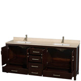 Sheffield 80 Inch Double Bathroom Vanity in Espresso, Ivory Marble Countertop, Undermount Square Sinks, and No Mirror