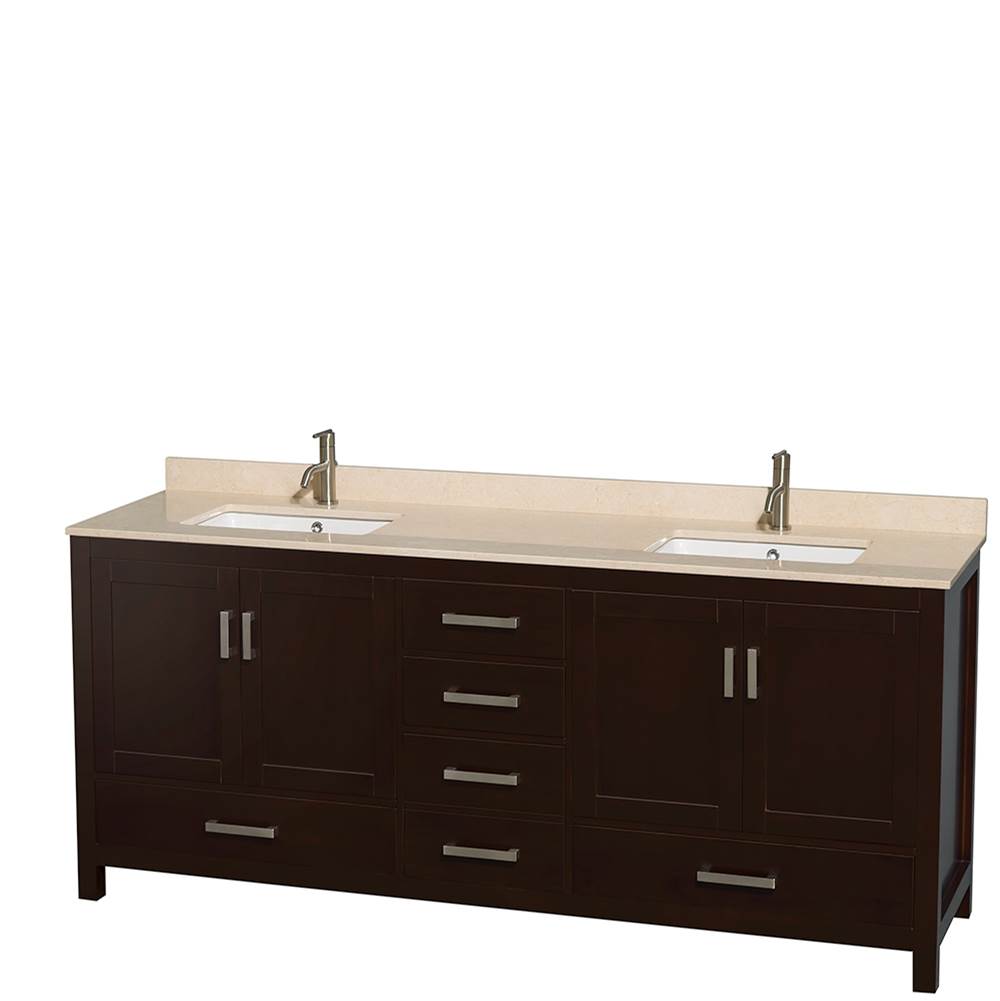 Sheffield 80 Inch Double Bathroom Vanity in Espresso, Ivory Marble Countertop, Undermount Square Sinks, and 70 Inch Mirror