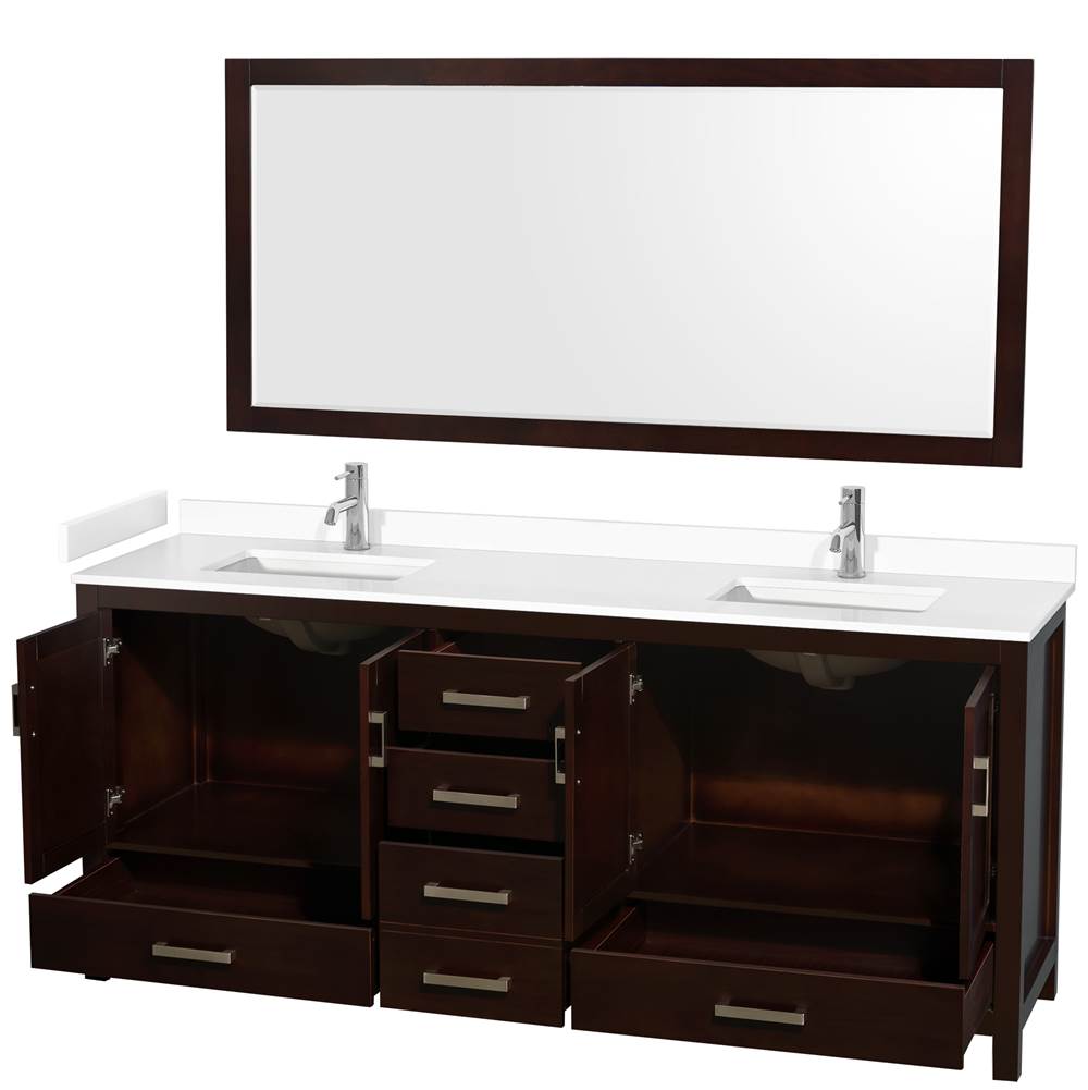 Sheffield 80 Inch Double Bathroom Vanity in Espresso, White Cultured Marble Countertop, Undermount Square Sinks, 70 Inch Mirror