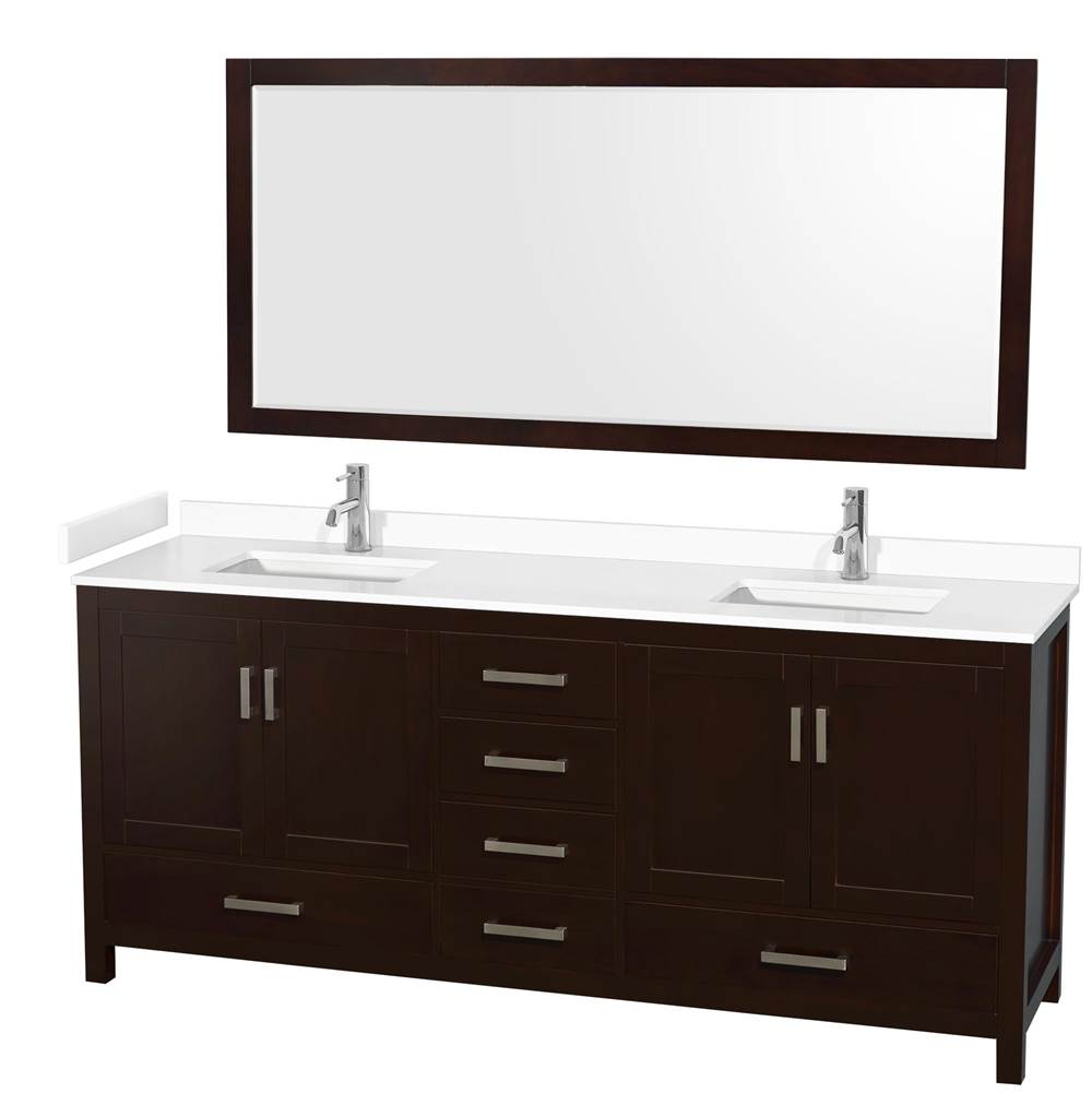 Wyndham Collection - Sheffield 80 Inch Double Bathroom Vanity in Espresso, White Cultured Marble Countertop, Undermount Square Sinks, 70 Inch Mirror