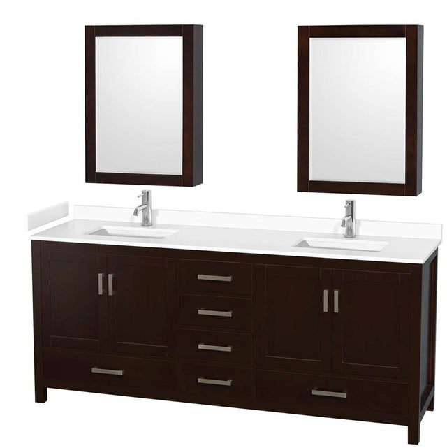 Wyndham Collection - Sheffield 80 Inch Double Bathroom Vanity in Espresso, White Cultured Marble Countertop, Undermount Square Sinks, Medicine Cabinets