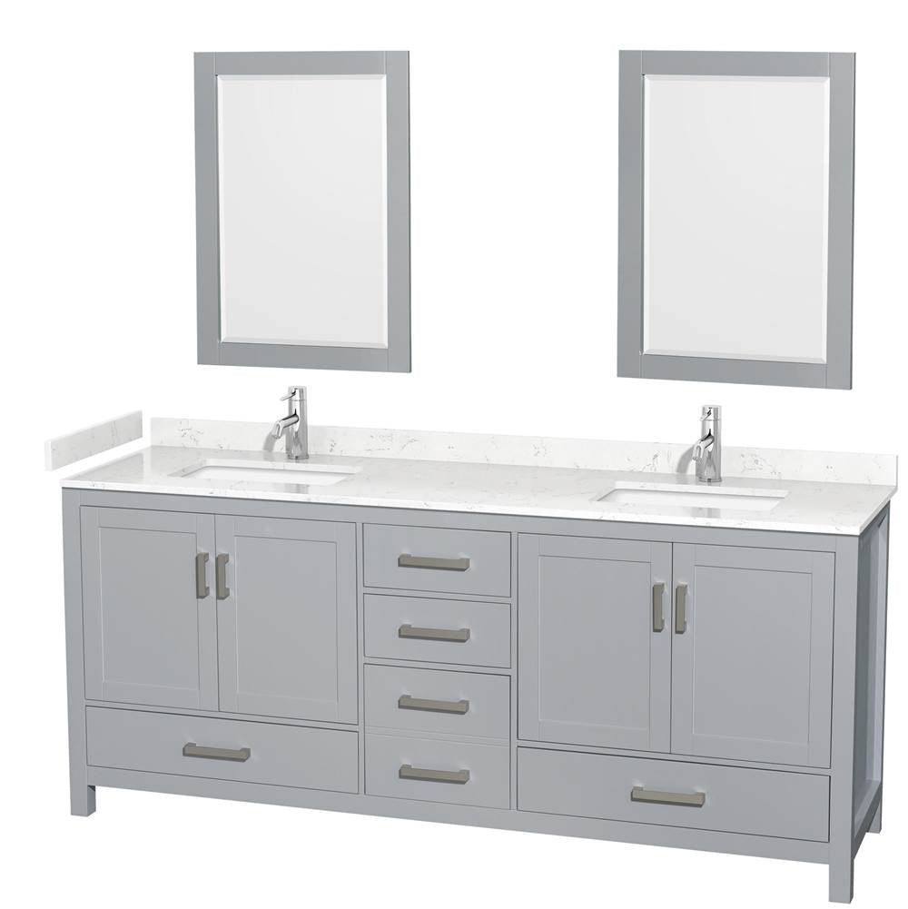Wyndham Collection - Sheffield 80 Inch Double Bathroom Vanity in Gray, Carrara Cultured Marble Countertop, Undermount Square Sinks, 24 Inch Mirrors