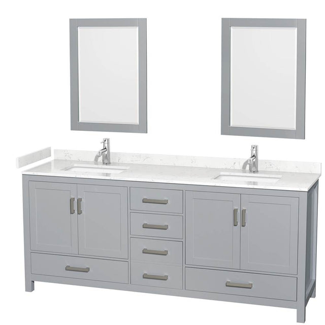 Wyndham Collection - Sheffield 80 Inch Double Bathroom Vanity in Gray, Carrara Cultured Marble Countertop, Undermount Square Sinks, 24 Inch Mirrors