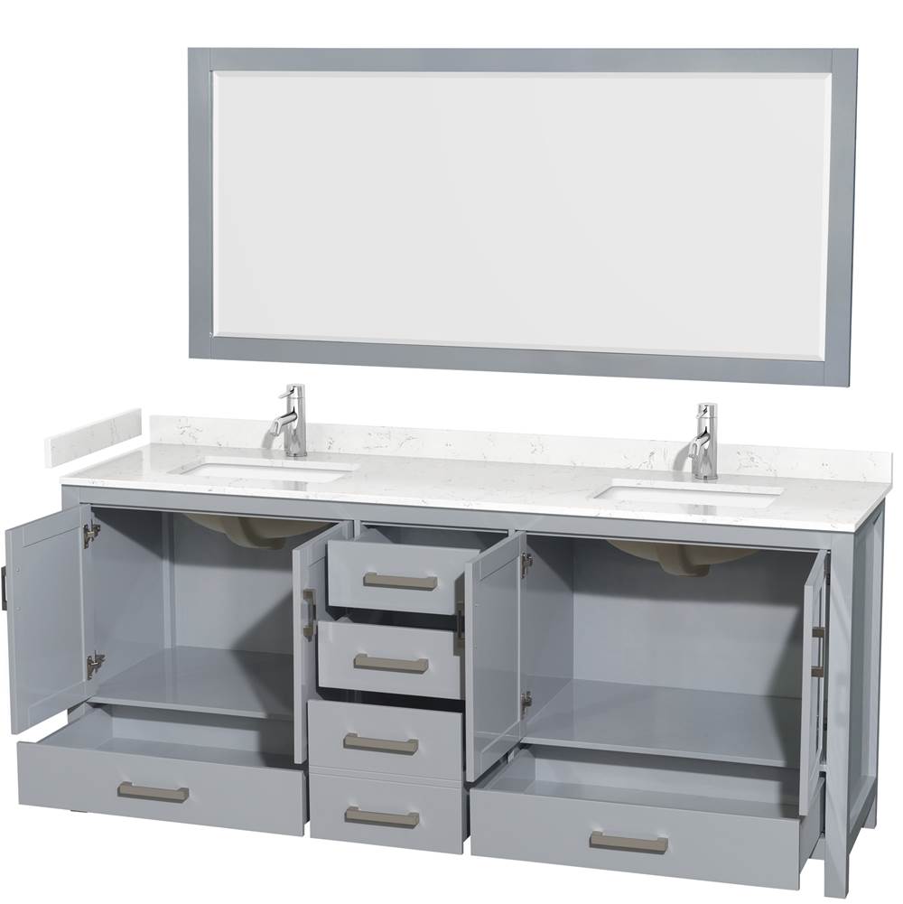 Sheffield 80 Inch Double Bathroom Vanity in Gray, Carrara Cultured Marble Countertop, Undermount Square Sinks, 70 Inch Mirror