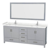 Wyndham Collection - Sheffield 80 Inch Double Bathroom Vanity in Gray, Carrara Cultured Marble Countertop, Undermount Square Sinks, 70 Inch Mirror
