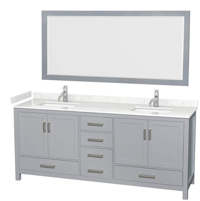 Wyndham Collection - Sheffield 80 Inch Double Bathroom Vanity in Gray, Carrara Cultured Marble Countertop, Undermount Square Sinks, 70 Inch Mirror