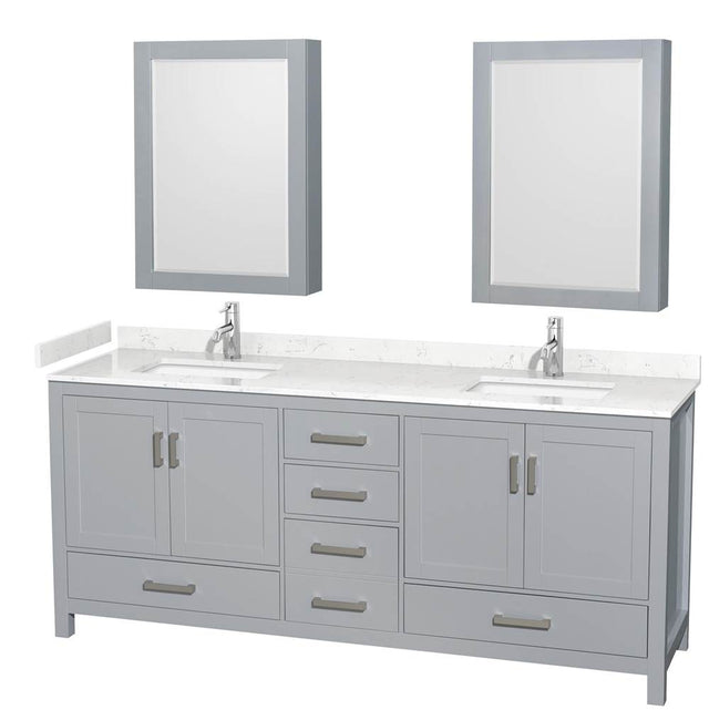 Wyndham Collection - Sheffield 80 Inch Double Bathroom Vanity in Gray, Carrara Cultured Marble Countertop, Undermount Square Sinks, Medicine Cabinets