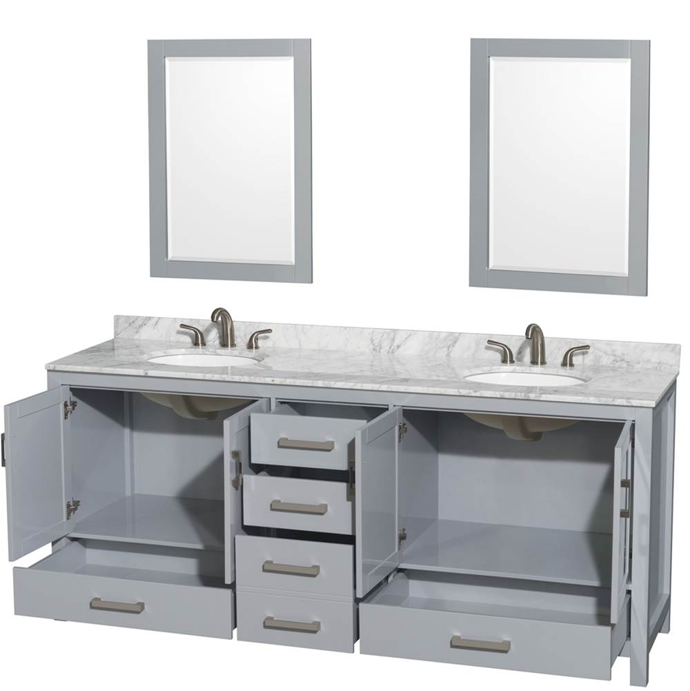Sheffield 80 Inch Double Bathroom Vanity in Espresso, White Carrara Marble Countertop, Undermount Oval Sinks, and 24 Inch Mirrors