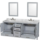 Sheffield 80 Inch Double Bathroom Vanity in Espresso, White Carrara Marble Countertop, Undermount Oval Sinks, and 24 Inch Mirrors