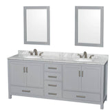 Wyndham Collection - Sheffield 80 Inch Double Bathroom Vanity in Gray, White Carrara Marble Countertop, Undermount Oval Sinks, and 24 Inch Mirrors - Gray
