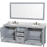Sheffield 80 Inch Double Bathroom Vanity in Espresso, White Carrara Marble Countertop, Undermount Oval Sinks, and 70 Inch Mirror