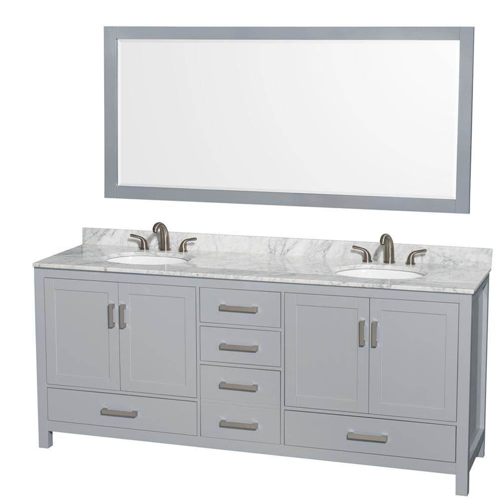Wyndham Collection - Sheffield 80 Inch Double Bathroom Vanity in Gray, White Carrara Marble Countertop, Undermount Oval Sinks, and 70 Inch Mirror - Gray