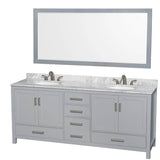 Wyndham Collection - Sheffield 80 Inch Double Bathroom Vanity in Gray, White Carrara Marble Countertop, Undermount Oval Sinks, and 70 Inch Mirror - Gray