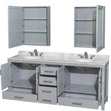 Sheffield 80 Inch Double Bathroom Vanity in Espresso, White Carrara Marble Countertop, Undermount Oval Sinks, and Medicine Cabinets