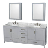 Wyndham Collection - Sheffield 80 Inch Double Bathroom Vanity in Gray, White Carrara Marble Countertop, Undermount Oval Sinks, and Medicine Cabinets - Gray