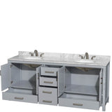 Sheffield 80 Inch Double Bathroom Vanity in Espresso, White Carrara Marble Countertop, Undermount Oval Sinks, and No Mirror