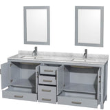 Sheffield 80 Inch Double Bathroom Vanity in Espresso, White Carrara Marble Countertop, Undermount Square Sinks, and 24 Inch Mirrors