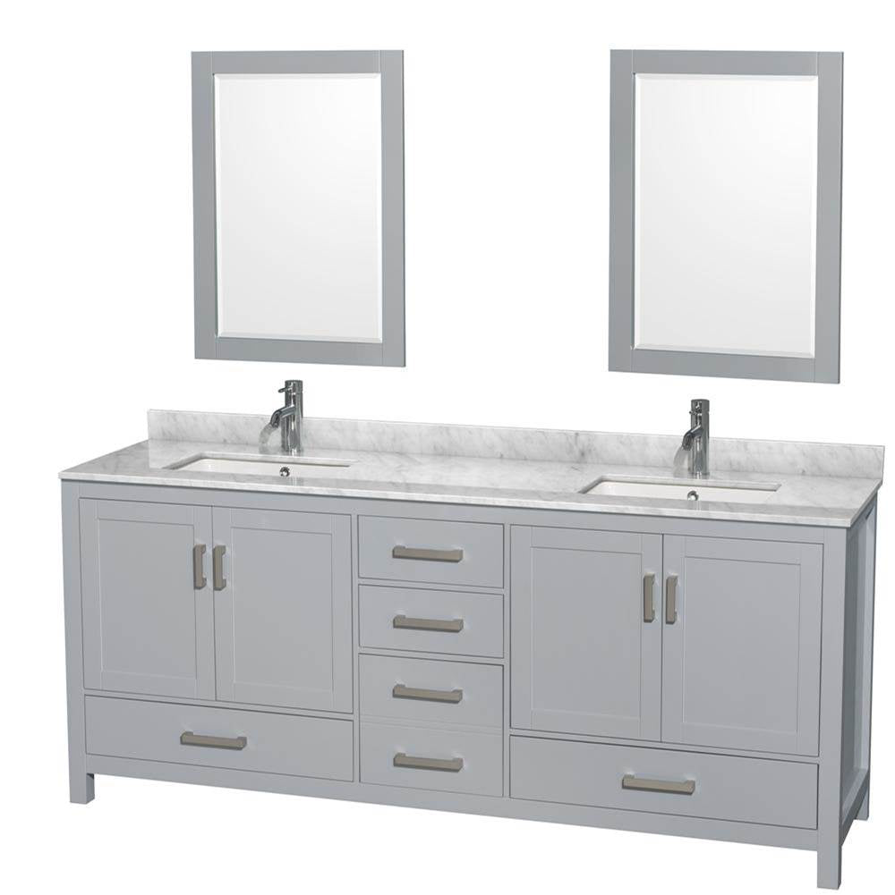 Wyndham Collection - Sheffield 80 Inch Double Bathroom Vanity in Gray, White Carrara Marble Countertop, Undermount Square Sinks, and 24 Inch Mirrors - Gray
