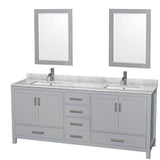 Wyndham Collection - Sheffield 80 Inch Double Bathroom Vanity in Gray, White Carrara Marble Countertop, Undermount Square Sinks, and 24 Inch Mirrors - Gray