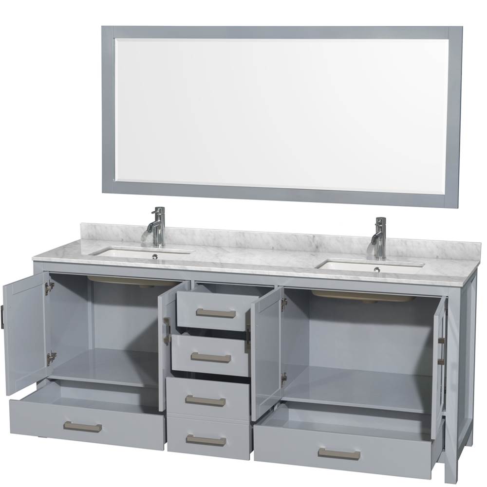 Sheffield 80 Inch Double Bathroom Vanity in Espresso, White Carrara Marble Countertop, Undermount Square Sinks, and 70 Inch Mirror