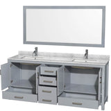 Sheffield 80 Inch Double Bathroom Vanity in Espresso, White Carrara Marble Countertop, Undermount Square Sinks, and 70 Inch Mirror