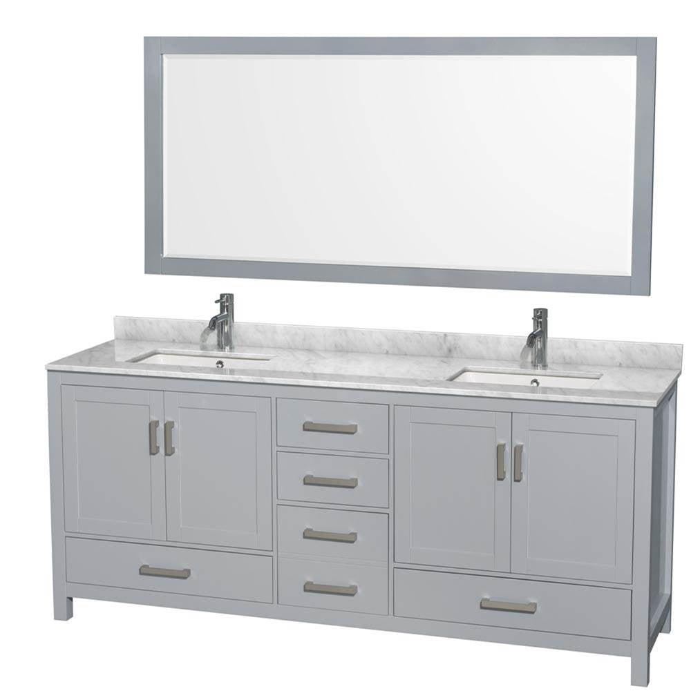 Wyndham Collection - Sheffield 80 Inch Double Bathroom Vanity in Gray, White Carrara Marble Countertop, Undermount Square Sinks, and 70 Inch Mirror - Gray